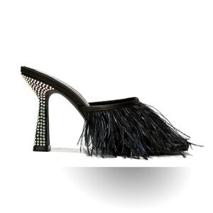 Rhinestone covered heel, leather trim ,high heel, open toe.